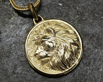 Customized 18K Gold Plated Lion  Necklace, Personalized Gold Lion Mens Pendant, Handmade 18K Gold Lion Medallion, Animal Jewelry Mens Gift