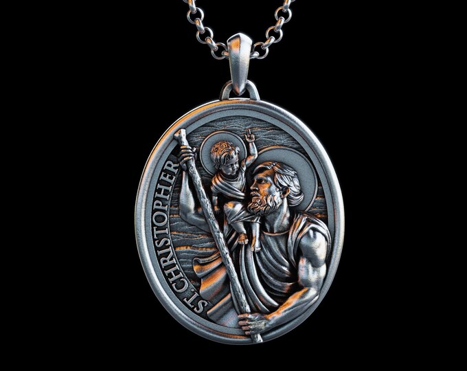 Medaglia ovale di San Cristoforo in argento sterling con