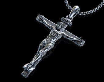 Personalized Crucifix Silver Necklace, Valentine's Day Gift, Handmade Jesus Cross Pendant, Gift for Husband, Gift for Him,Gift For Men