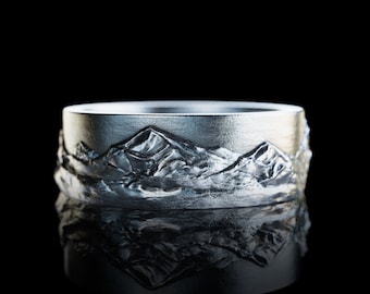 Handmade Mountain Silver Band Ring, Personalized Nature Wedding Ring,  Gift for Nature Lovers, Engagement Promise Ring, Valentines Day Gift