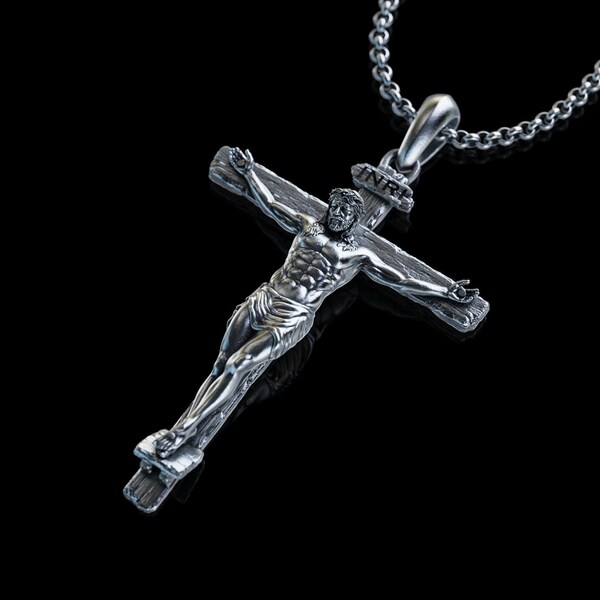 Collier Homme Croix En Or 18k Sur Chaîne Cuban Argent 925 - Pendentif Jésus