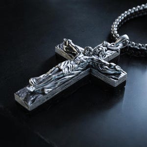 Handmade Holy Trinity Crucifix Necklace, The God Taking Jesus Cross Pendant,Ascension Silver Necklace,Christian Crucifix Gift,Religious Gift