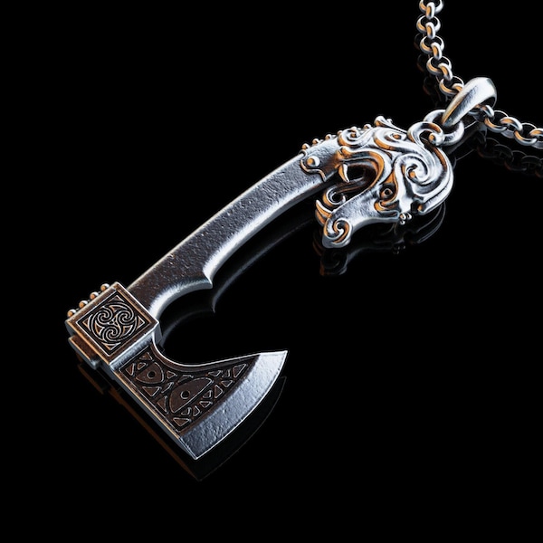 Collar de plata con hacha de guerra escandinava artesanal, colgante de hacha de batalla vikinga antigua, dije de hacha de dragón vikingo de plata, joyería vikinga.
