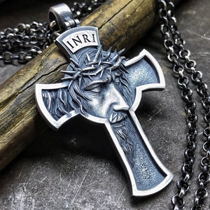 Handmade Silver Jesus Crucifix Necklace, 925K Silver Christ Jesus Cross Pendant, Religious Mens Charm, Christian Charm, Religious Accessory