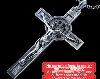 Personalized Saint Benedict Crucifix Silver Necklace, Handmade St. Benedict Exorcism Cross Pendant, Saint Benedict Medal, Religious Gift