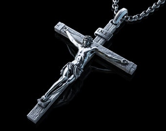 Personalized Silver Jesus Cross Necklace, Handmade Crucifixion of Jesus Cross Pendant, Engraved Jesus Charm, Religious Memorial Gift for Men