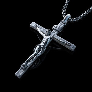 Personalized Silver Jesus Cross Necklace, Handmade Crucifixion of Jesus Cross Pendant, Engraved Jesus Charm, Religious Memorial Gift for Men image 1