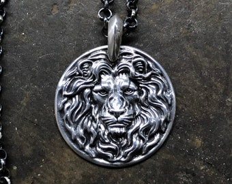 Small Pendant Sterling Silver Power Lion Medallion Mens Necklace Masculine