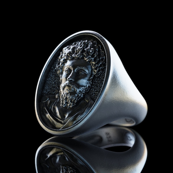 Personalized Marcus Aurelius Bust Silver Ring, Roman Emperor Marcus Aurelius Handmade Ring, Memorial Gift for Stoics, Memento Mori