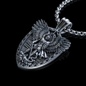 Handmade Archangel Saint Michael Necklace, Silver Shield Archangel Pendant, St. Michael Silver Mens Pendant, Religious Gift for Men