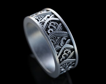 Handmade the Great Wave of Kanagawa Silver Ring, Japanese Style