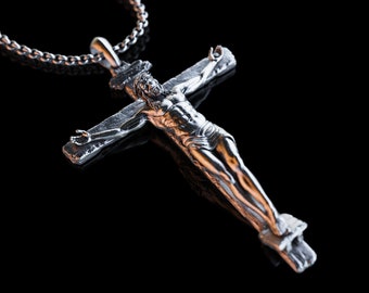 Handgefertigte Silber Jesus Kruzifix Halskette, 3D Jesus Relief Kreuz Retter Anhänger, gravierter Jesus religiöser Charme, Silber Mann Halskette, Geschenk für Männer