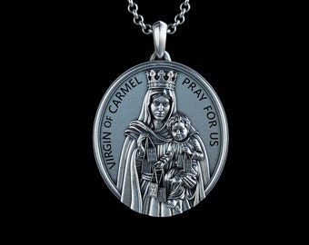 Collar Virgen del Carmelo hecho a mano, Colgante Santa Madre minimalista, Colgante María Plata, Anillo Virgen del Carmen, Regalo Religioso Personalizado