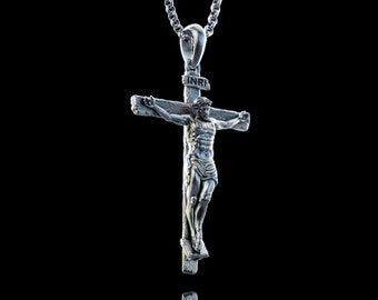 Handmade Silver Jesus Crucifix Necklace, Personalized 3D Jesus Cross Savior Pendant, Engraved Religious Charm, Sacramental jewelry, Gift For