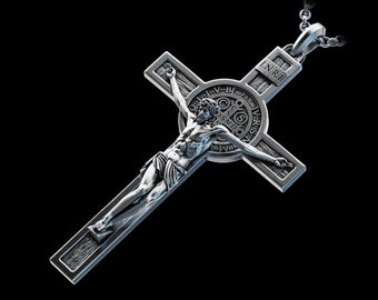 Personalized Saint Benedict Crucifix  Silver Necklace, Handmade St. Benedict Exorcism Cross Pendant, Saint Benedict Medal, Religious Gift