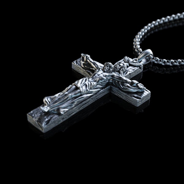 Handmade Holy Trinity Crucifix Necklace, The God Taking Jesus Cross Pendant,Ascension Silver Necklace,Christian Crucifix Gift,Religious Gift