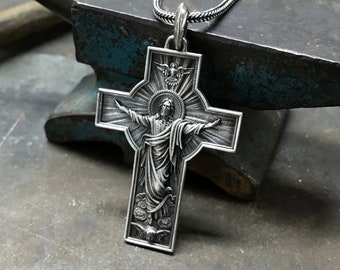 Engraved Cross Silver Necklace, Christian Crucifix Necklace, Ascension of Jesus Christ Cross , Religious Jesus Crucifix Gift ,Cross gift Men