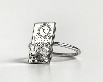 Anillo de plata de la carta del tarot de la luna, anillo de cartas del tarot personalizado, mazo Raider Waite, joyería del tarot, arte místico, regalo para Girlfrend