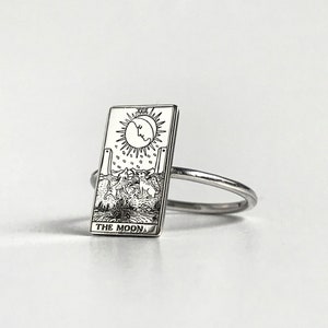 Anillo de plata de la carta del tarot de la luna, anillo de cartas del tarot personalizado, mazo Raider Waite, joyería del tarot, arte místico, regalo para Girlfrend