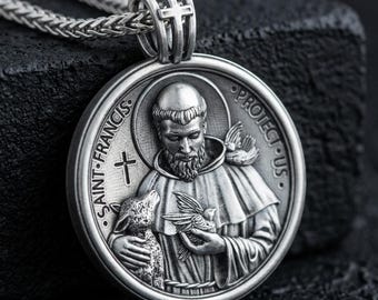 Collar de San Francisco de plata personalizado, colgante de San Francisco para hombre, sello cristiano de San Francisco, joyería católica, regalo religioso para hombre.
