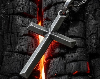 Personalized Men's Oxidized Sterling Silver Cross Necklace, Handmade Christian Jewelry, Rustic 925 Silver Cross Pendant, Religious Gift