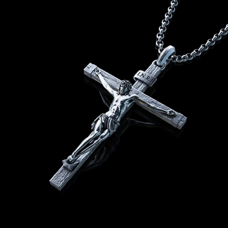 Personalized Silver Jesus Cross Necklace, Handmade Crucifixion of Jesus Cross Pendant, Engraved Jesus Charm, Religious Memorial Gift for Men image 1