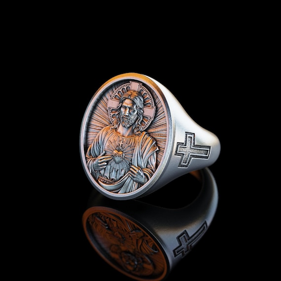 Silver Sacred Heart of Jesus Ring, Religious Christian Jewelry