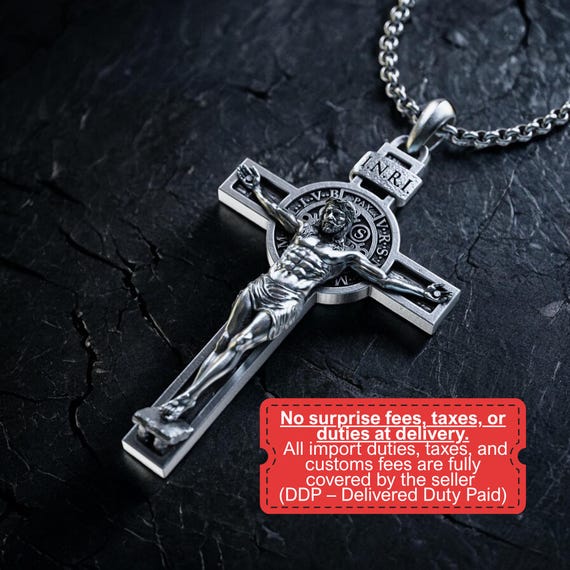 AsAlways St Benedikt Halskette für Herren Edelstahl Retro katholisches römisches Kreuz Exorzismus Runde Medaille Anhänger Halskette Talisman Schmuck Geschenk (Schwarz