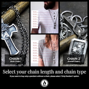May include: Two silver chains with pendants. The first chain is a rolo chain with a silver pendant of a face with a crown of thorns. The second chain is a foxtail chain with a silver pendant of a lion's head. The image shows different chain lengths from 16 to 30 inches.