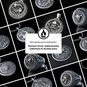 May include: A collection of silver zodiac pendants and rings. Each pendant features a different zodiac sign with intricate details. The text "Memento Mori" is engraved on each piece.