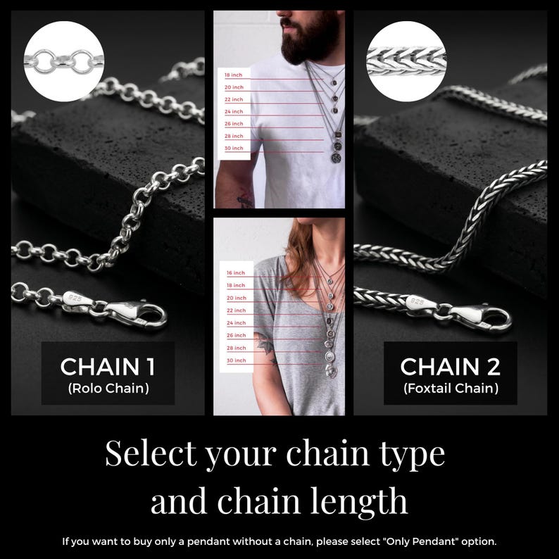 Puede incluir: Imagen que muestra dos estilos de cadenas de plata: una cadena Rolo y una cadena Foxtail. La imagen incluye texto que indica longitudes de cadena de 45.7 cm a 76.2 cm. El texto indica que seleccione el tipo y la longitud de la cadena.