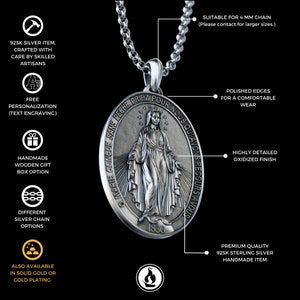 Handmade The Miraculous Medal Necklace, Personalized Silver Our Lady of Graces Pendant, Virgin Mary Pendant, Religious Christian Silver Gift image 2