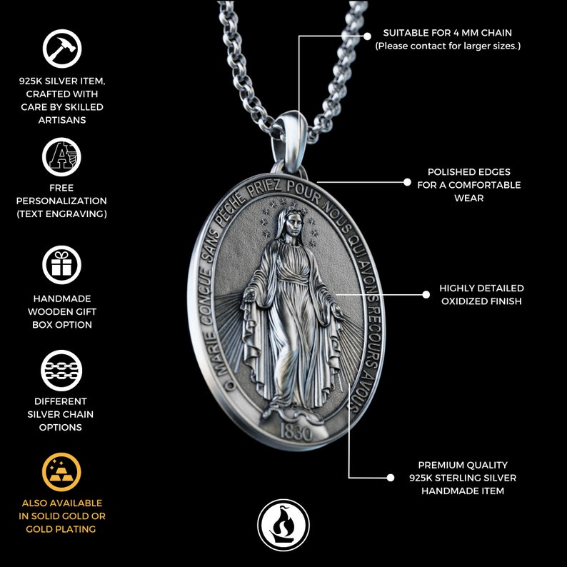 Handmade The Miraculous Medal Necklace, Personalized Silver Our Lady of Graces Pendant, Virgin Mary Pendant, Religious Christian Silver Gift image 2