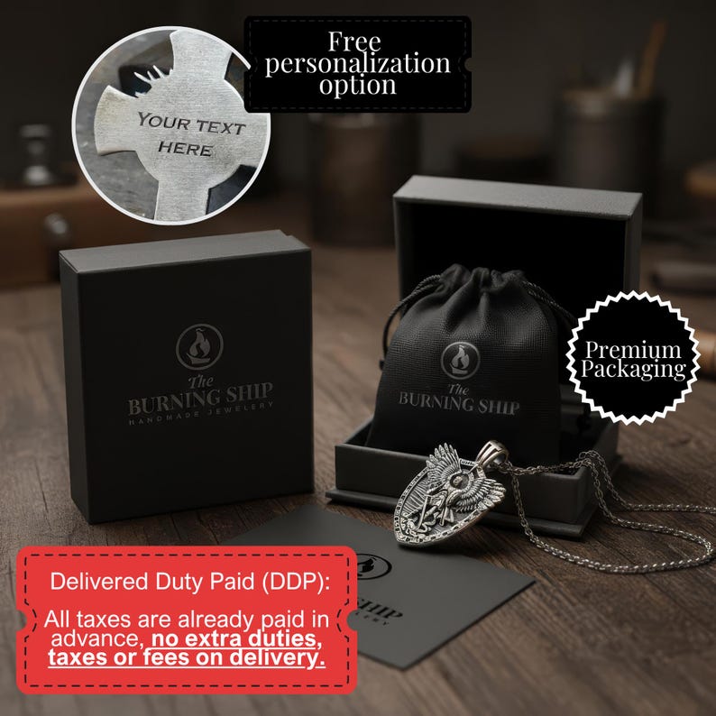 a pendant necklace with a black leather pouch, a black box, and a black bag, all placed on a wooden surface.