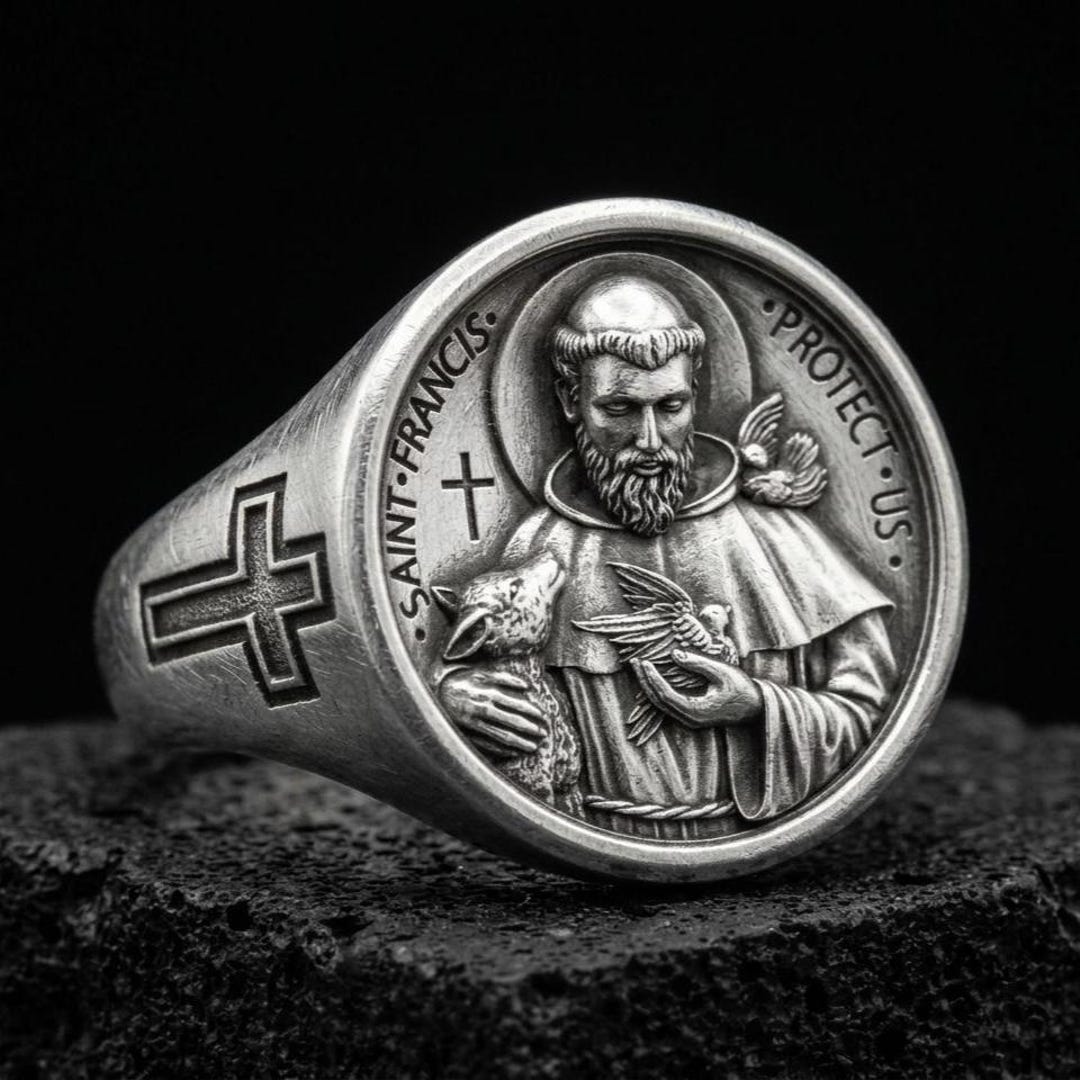 Personalized Silver Saint Francis Ring, Handmade Savior Men Ring