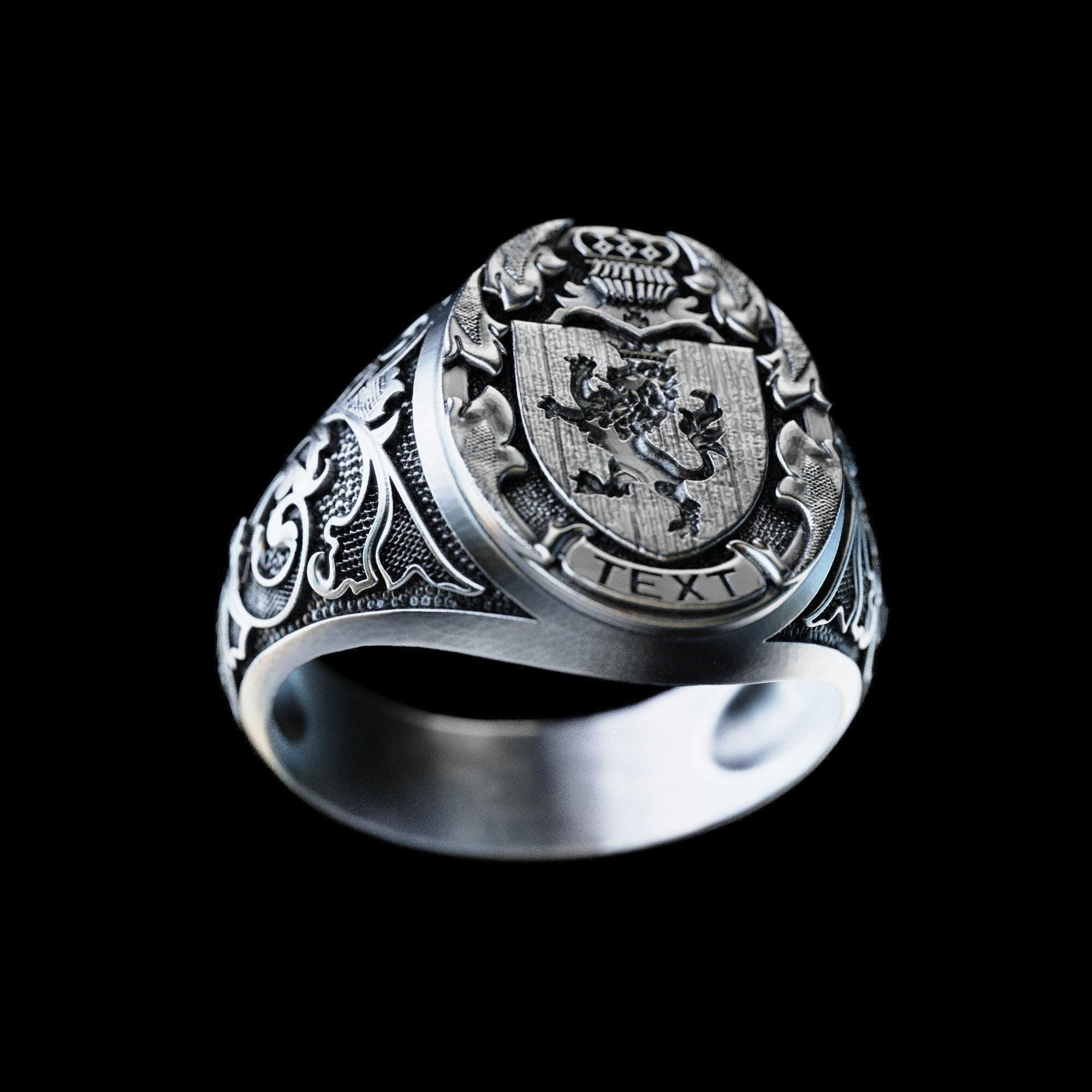Personalized Family Crest Signet Ring, Lion Knight Silver Ring