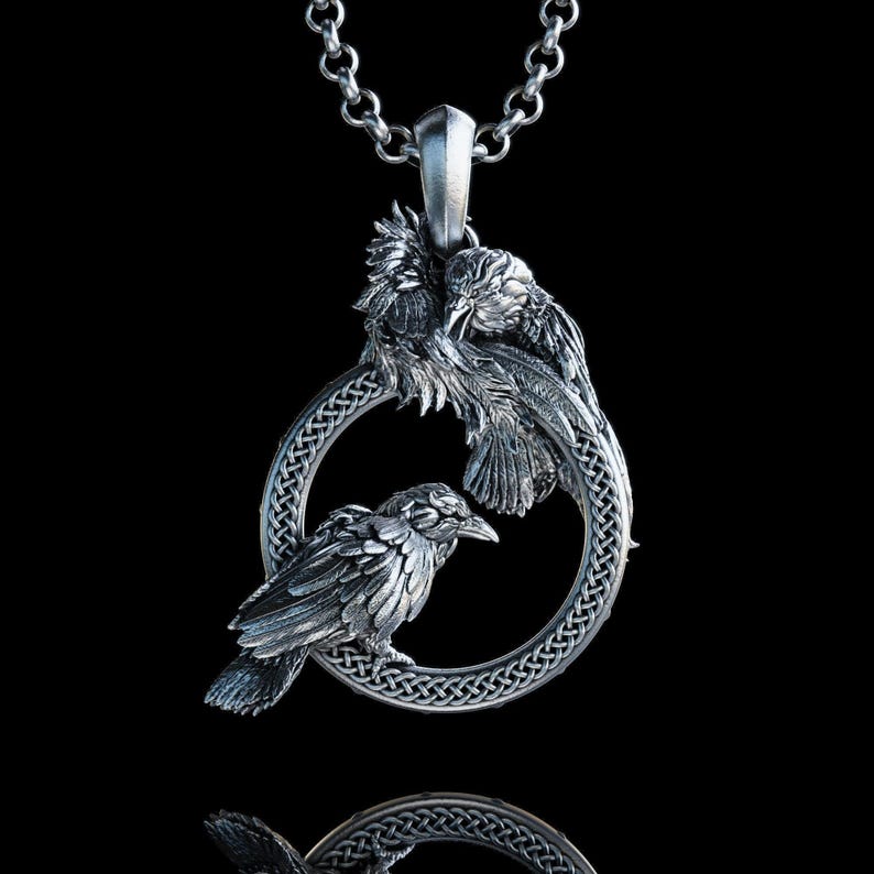 Handmade Odin's Ravens Hugin and Munin Necklace, Mythology Raven Necklace, Odin's Pendant,Norse Mythology Raven Necklace image 1