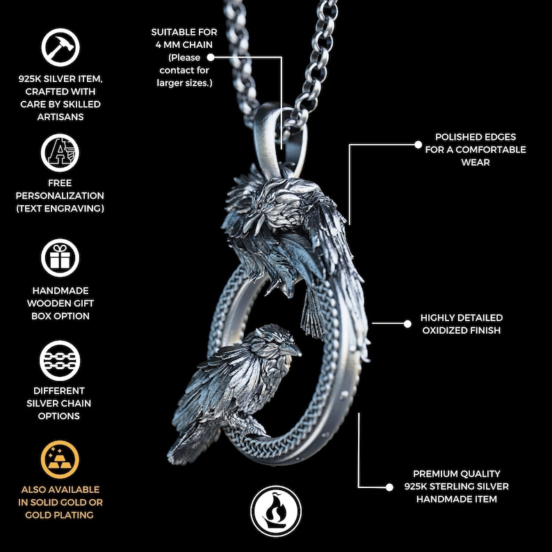 Handmade Odin's Ravens Hugin and Munin Necklace, Mythology Raven Necklace, Odin's Pendant,Norse Mythology Raven Necklace image 2
