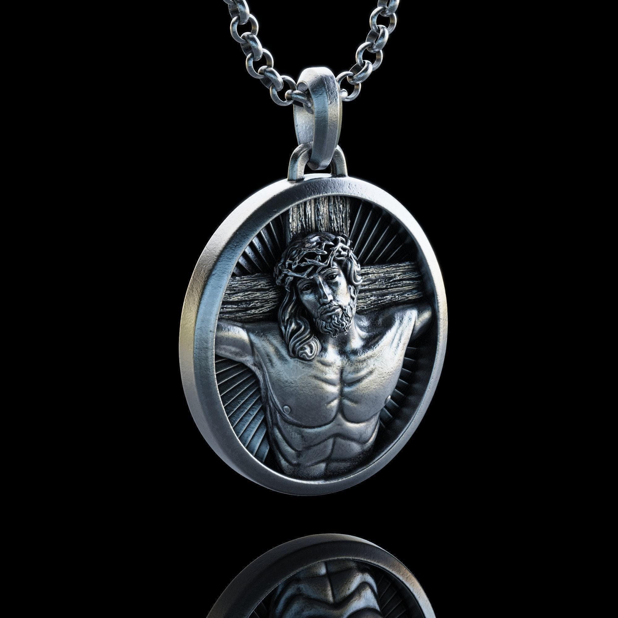 Handmade Jesus With Crown of Thorns Necklace, Jesus on Cross Men