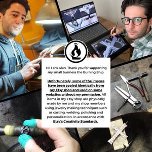 Puede incluir: La imagen muestra a un joyero trabajando, con herramientas y un port&aacute;til que muestra software de dise&ntilde;o. El texto dice: "Hi! I am Alan. Thank you for supporting my small business the Burning Ship."