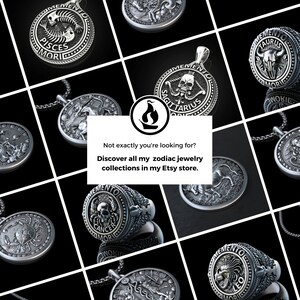 May include: A collection of silver zodiac pendants and rings. Each pendant features a different zodiac sign with intricate details. The text "Memento Mori" is engraved on each piece.