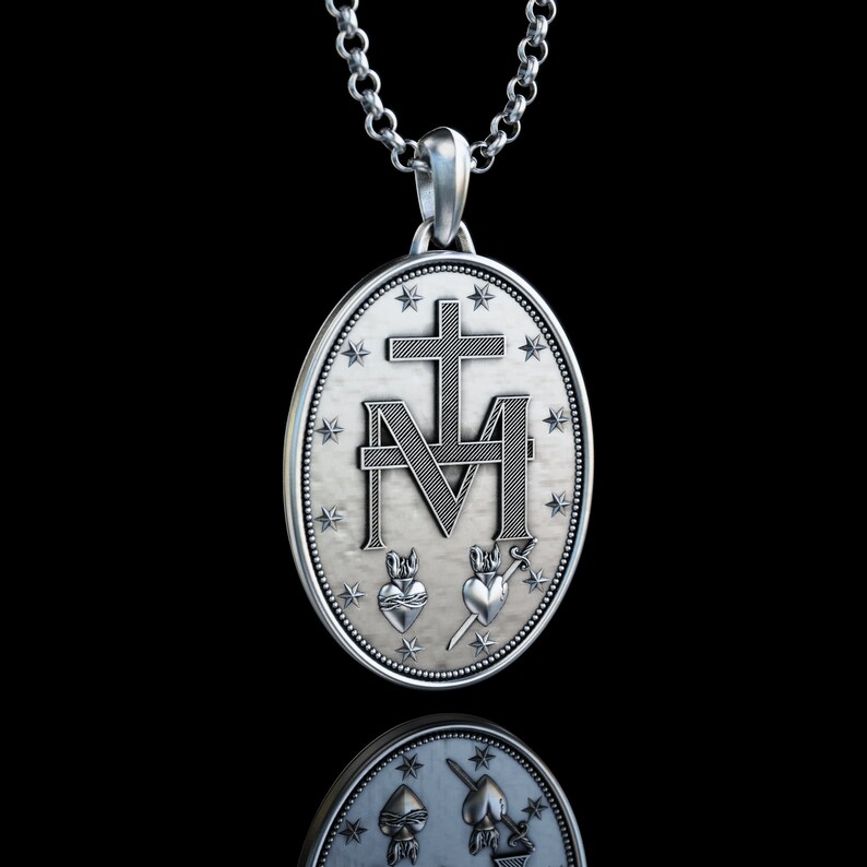 Handmade The Miraculous Medal Necklace, Personalized Silver Our Lady of Graces Pendant, Virgin Mary Pendant, Religious Christian Silver Gift image 8