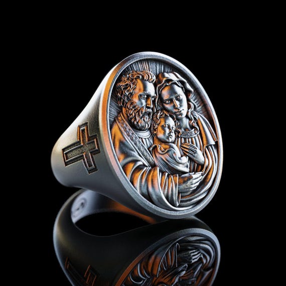 Personalized Holy Family Silver Ring, Handmade Saint Joseph Virgin