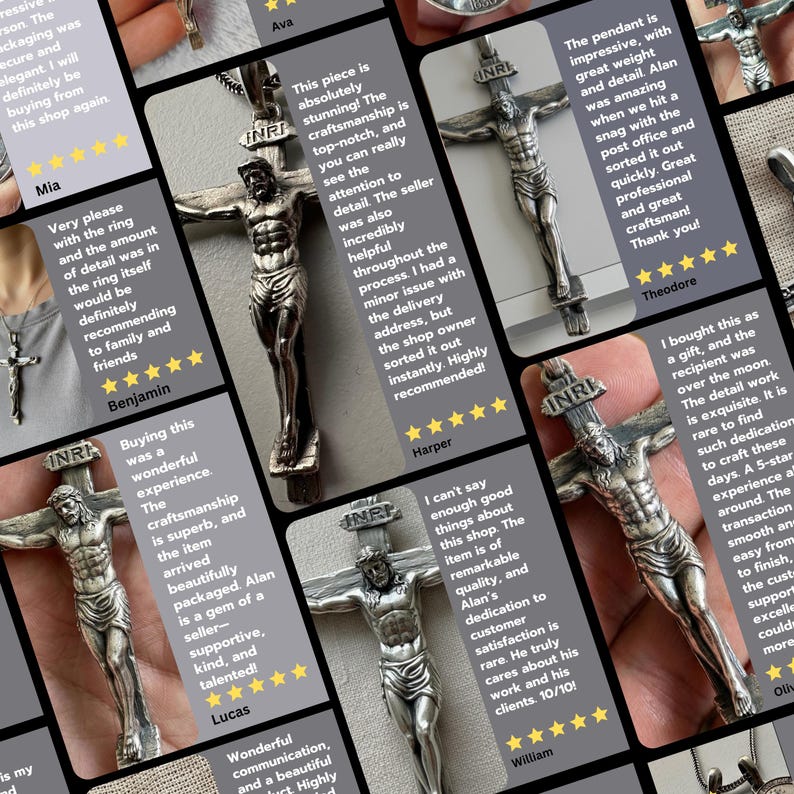 Puede incluir: Colgante de crucifijo plateado con detalles intrincados. Representa a Jesucristo en la cruz, con las letras INRI. La imagen est&aacute; rodeada de rese&ntilde;as de clientes que elogian la calidad.