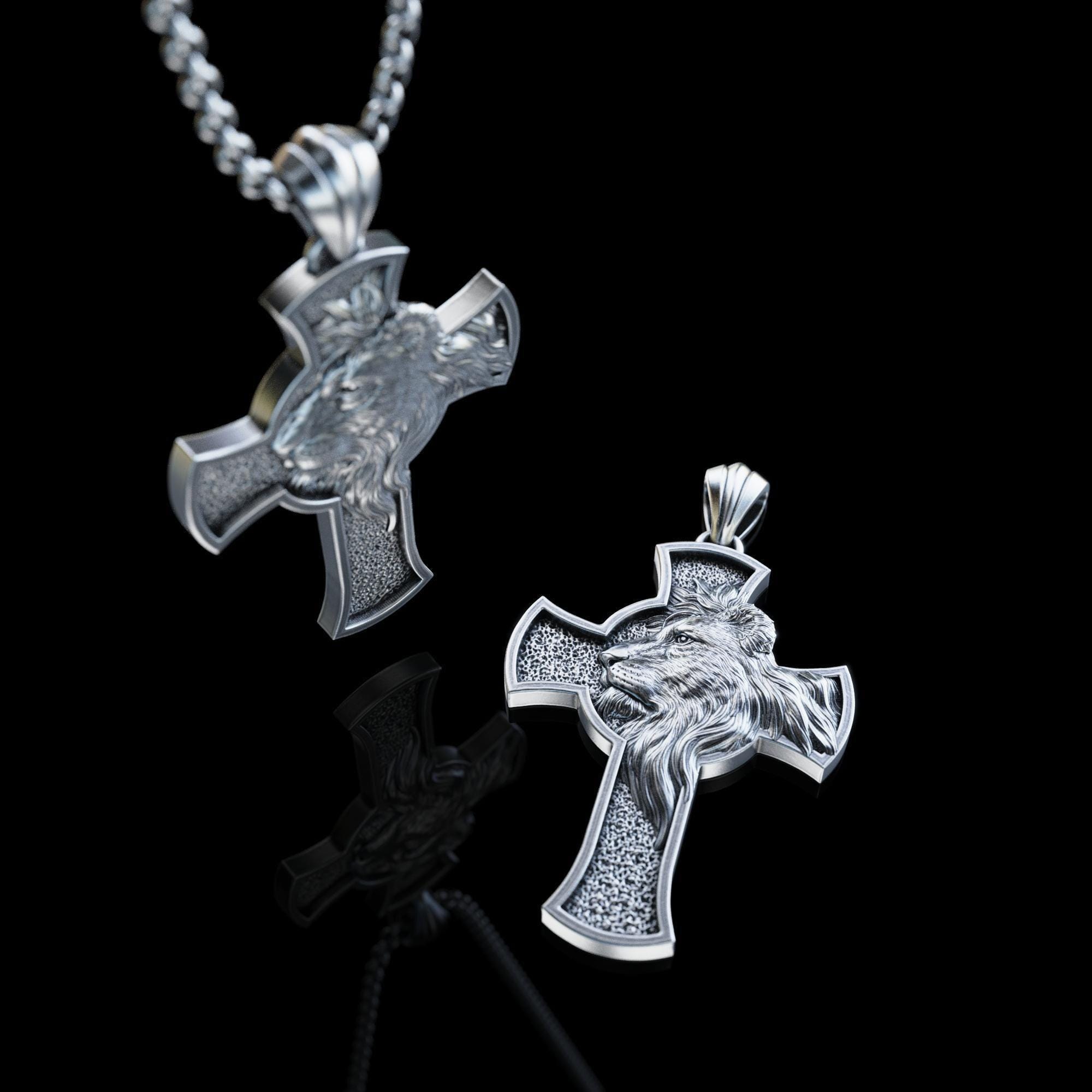 Personalized Silver Lion Cross Pendant, African Lion Cross