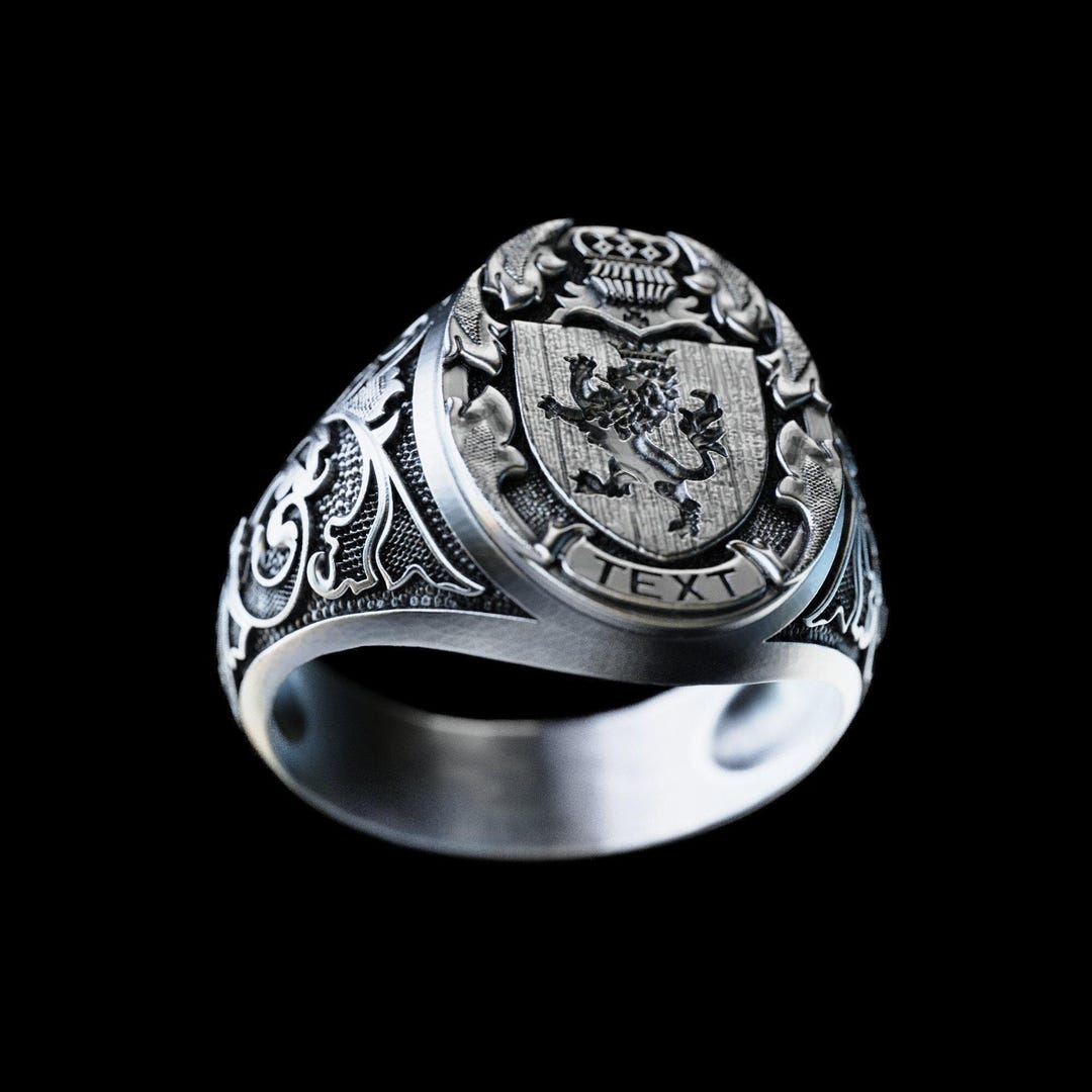 Personalized Family Crest Signet Ring, Lion Knight Silver
