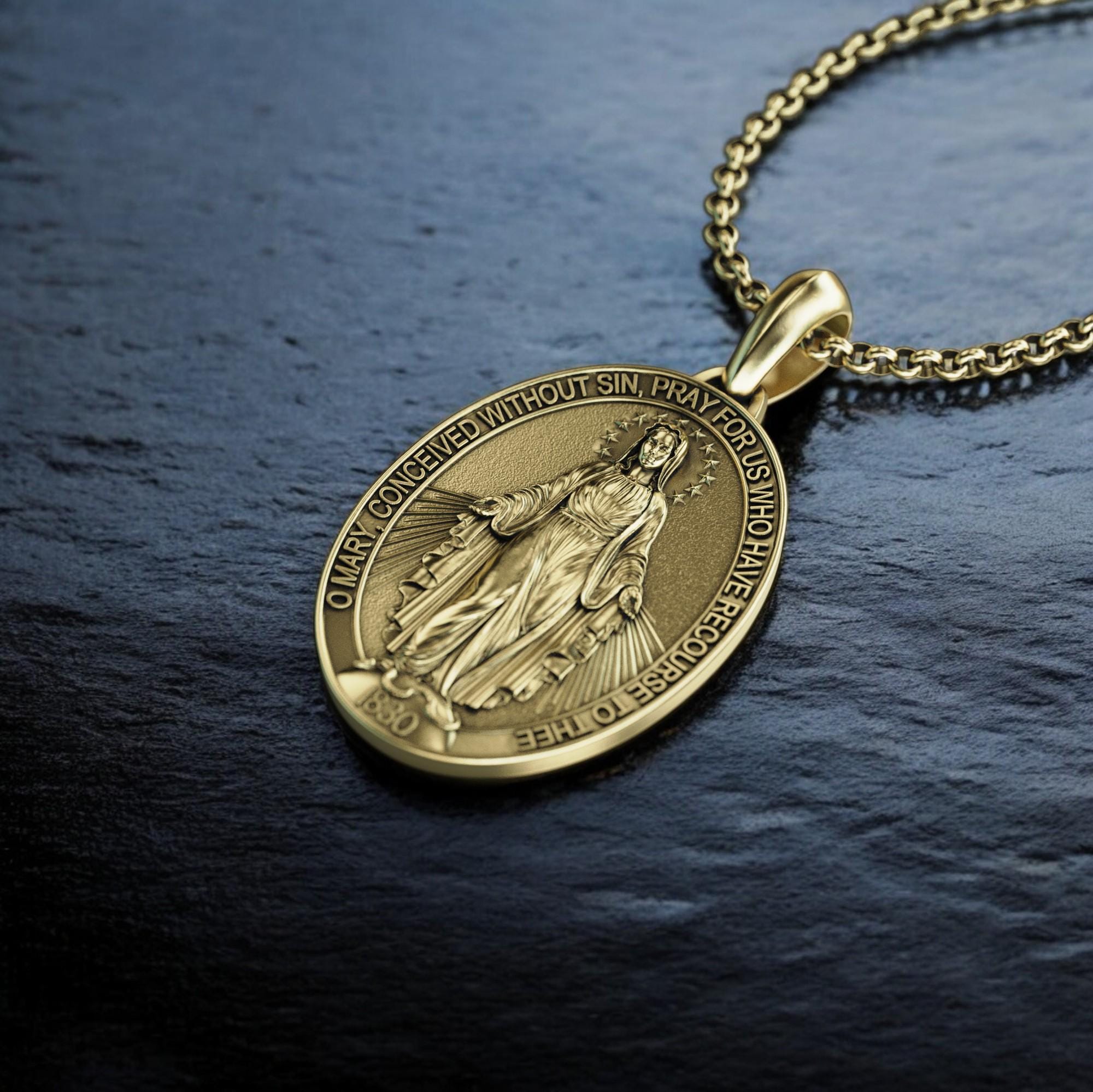 Handmade Gold the Miraculous Medal, Gold Holy Mother Pendant