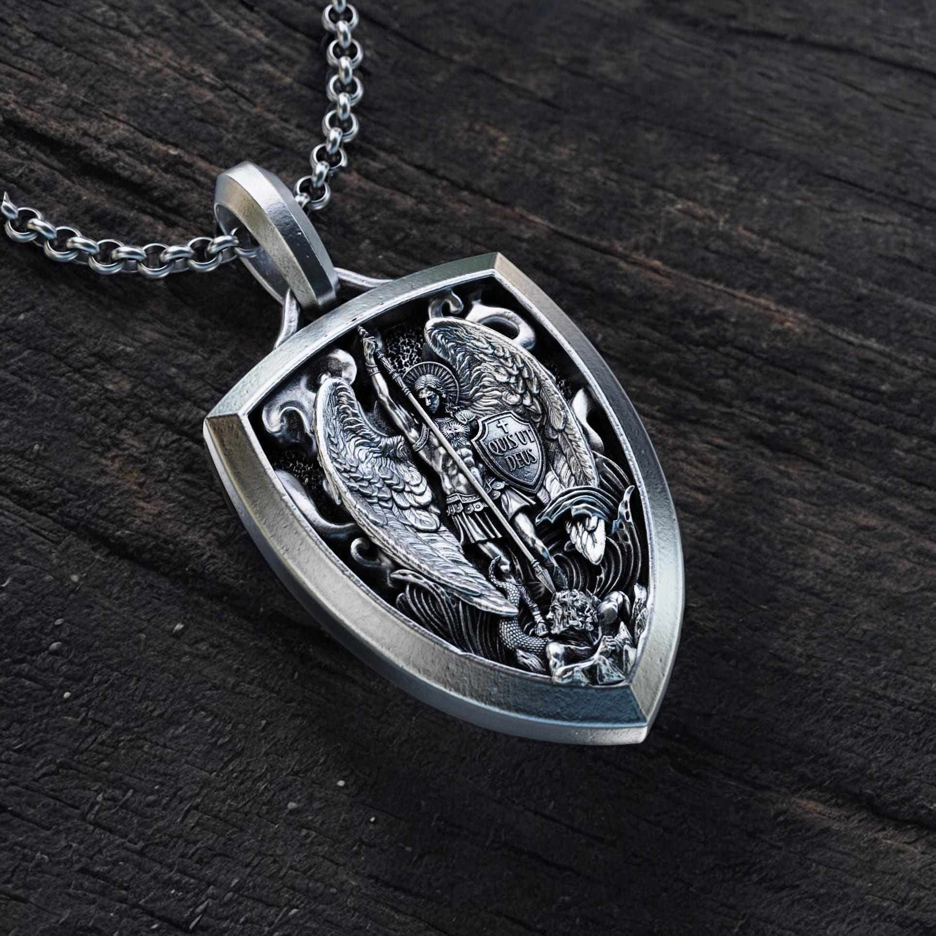 Men's XL Saint Michael Medal Pendant - 33mm 925 Sterling Silver Antique Finish