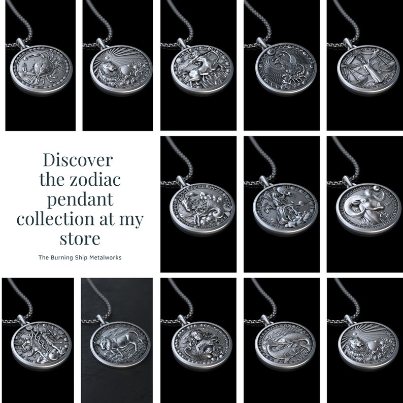 May include: A collection of 12 silver zodiac pendant necklaces. Each pendant features a different zodiac sign, including Aries, Taurus, Gemini, Cancer, Leo, Virgo, Libra, Scorpio, Sagittarius, Capricorn, Aquarius, and Pisces. The pendants are all round and have a detailed design.