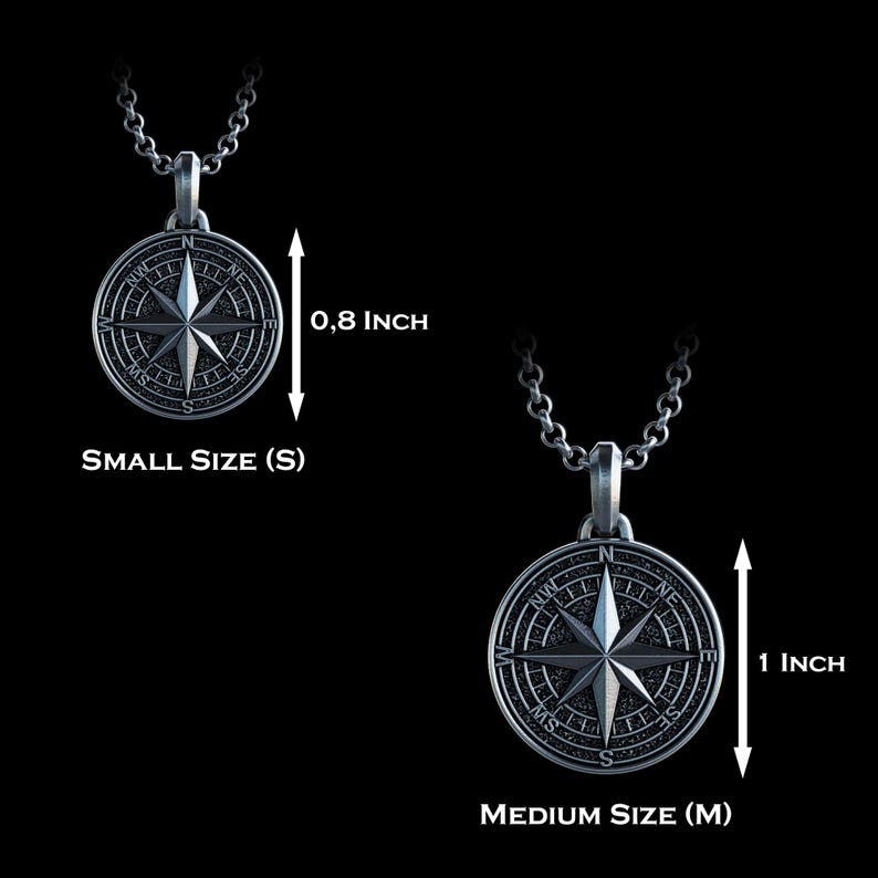May include: Silver compass pendant necklace, available in small (0.8 inches) and medium (1 inch) sizes. The pendant features a detailed compass rose design, suspended from a delicate chain. The text "SMALL SIZE (S)" and "MEDIUM SIZE (M)" are visible.